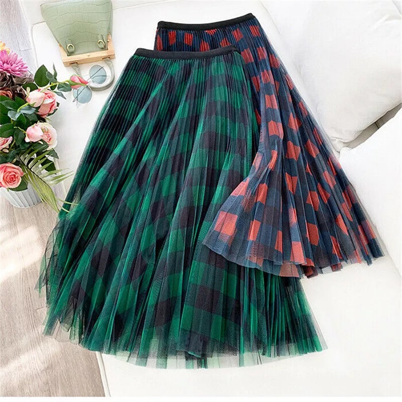 Long Pleated A Line Tulle Skirt