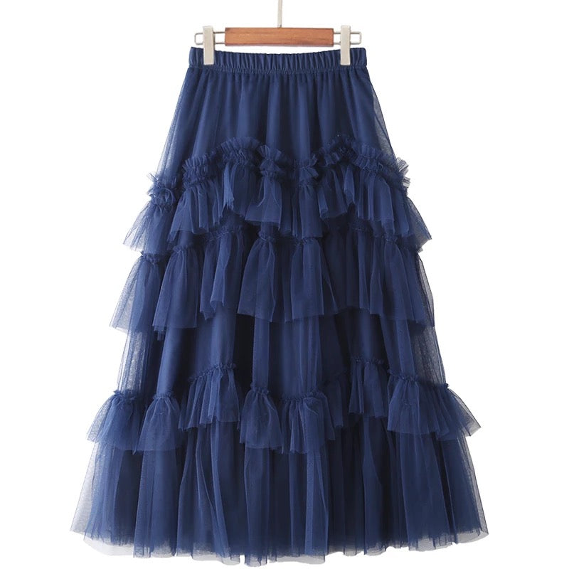 Mesh Ruffle Tulle Midi Skirt