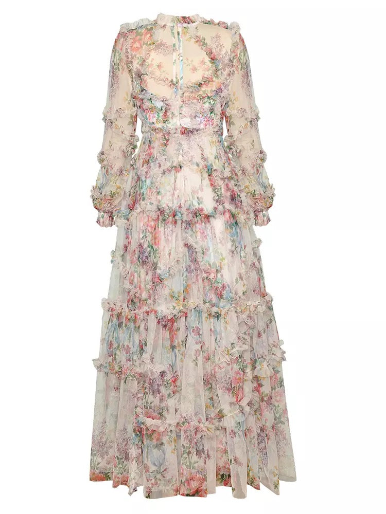 Mesh Floral Print Ruffle Maxi Dress