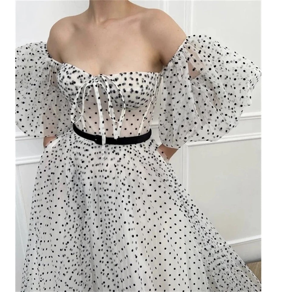 PuffSleeves Black Dot Prom Dress