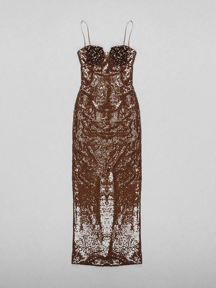 Coffee Flower Sequin Pie Dress