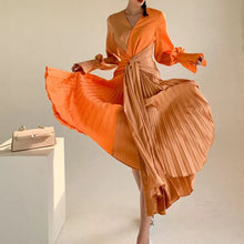 Load image into Gallery viewer, Contrast Flare Waist Lace Up Orange Dress