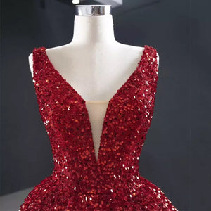 Red Sequins High Low Gown