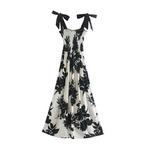 Vintage Bow Printed Linen Midi Dress