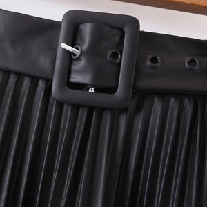 Stylish PU Leather Pleated Skirt with Belt