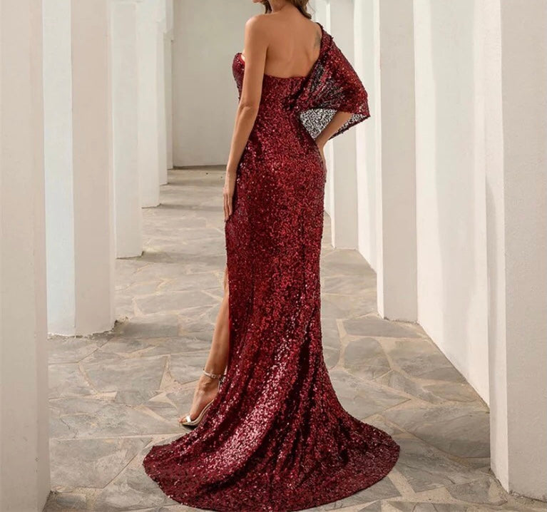 One Shoulder High Slit Sequin Gown
