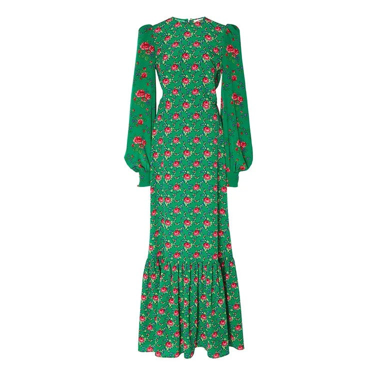 Green Long Vintage Lantern Sleeve Maxi Dress