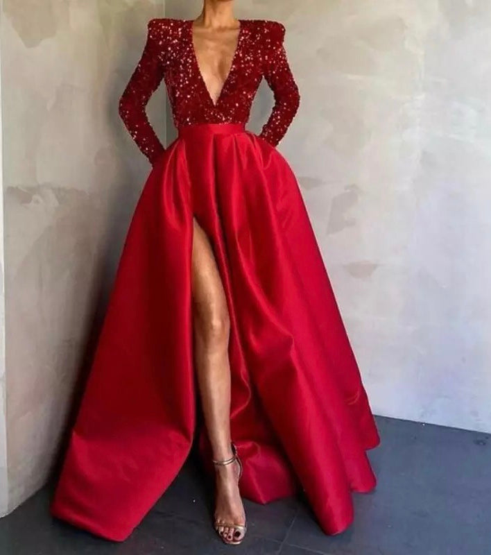Deep V Neck Long Sequin Dress