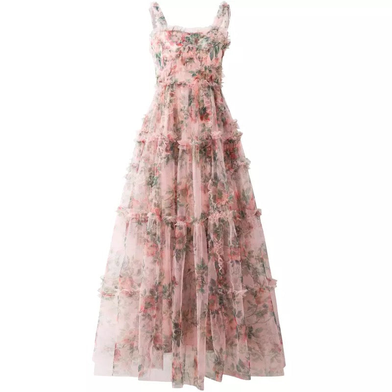 Mesh Ruffles Flower Spaghetti Dress