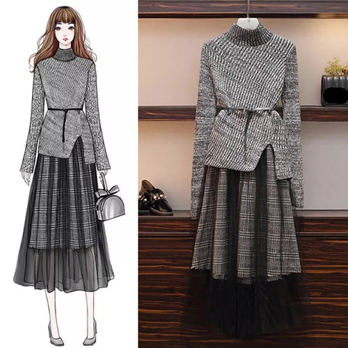 Knitted Top & Mesh Skirt Two Piece Set