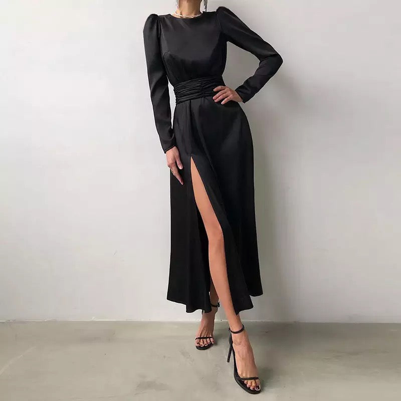 Elegant Satin Open Back Long Sleeve Slit Hem Belted Dress