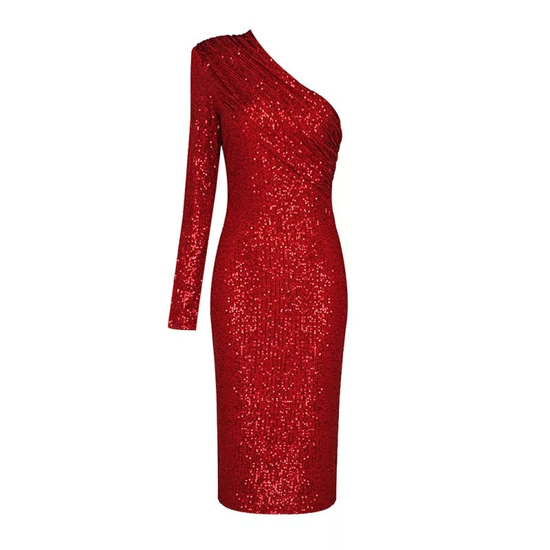 One Shoulder Mesh Sequins Dress