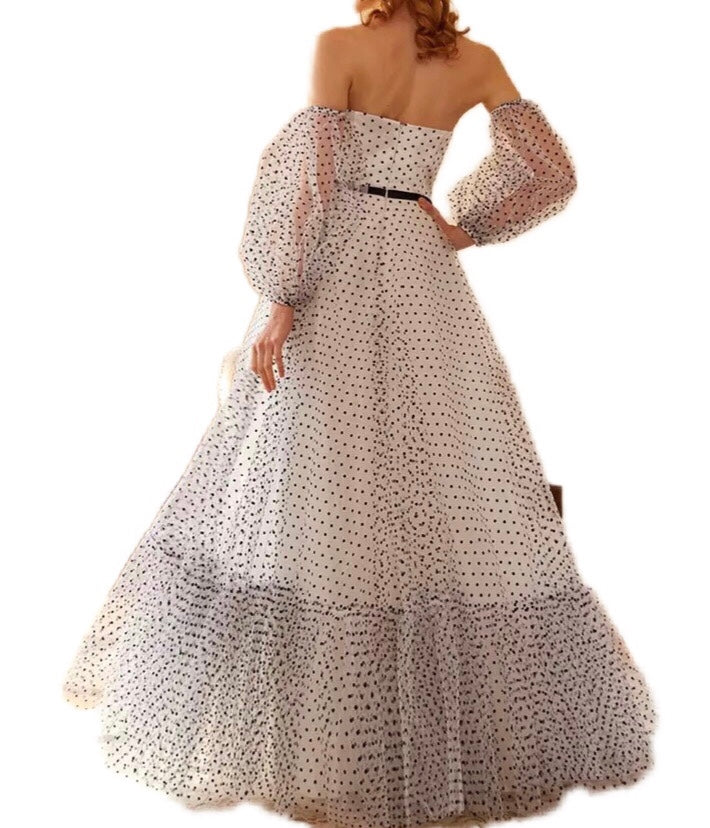 PuffSleeves Black Dot Prom Dress