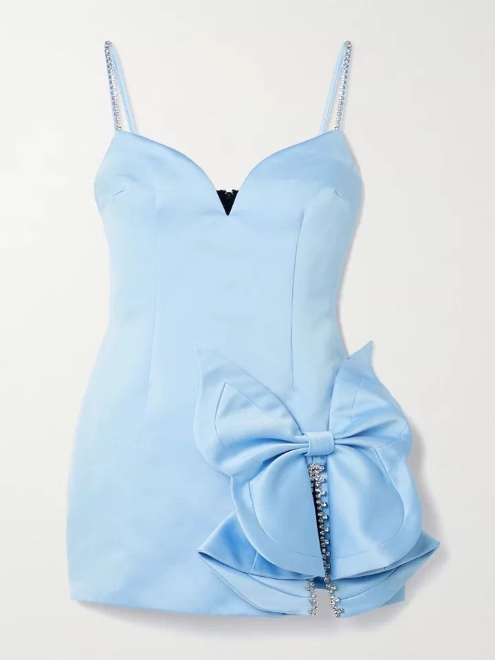 Diamond Bow Tie Split Spaghetti Strap Skinny Mini Dress