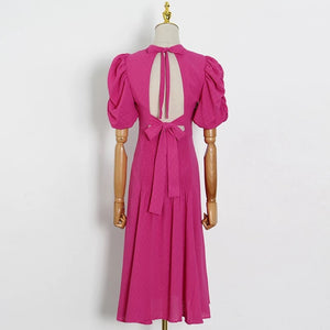 Pink Puff Sleeve Hollow Out Midi Dress