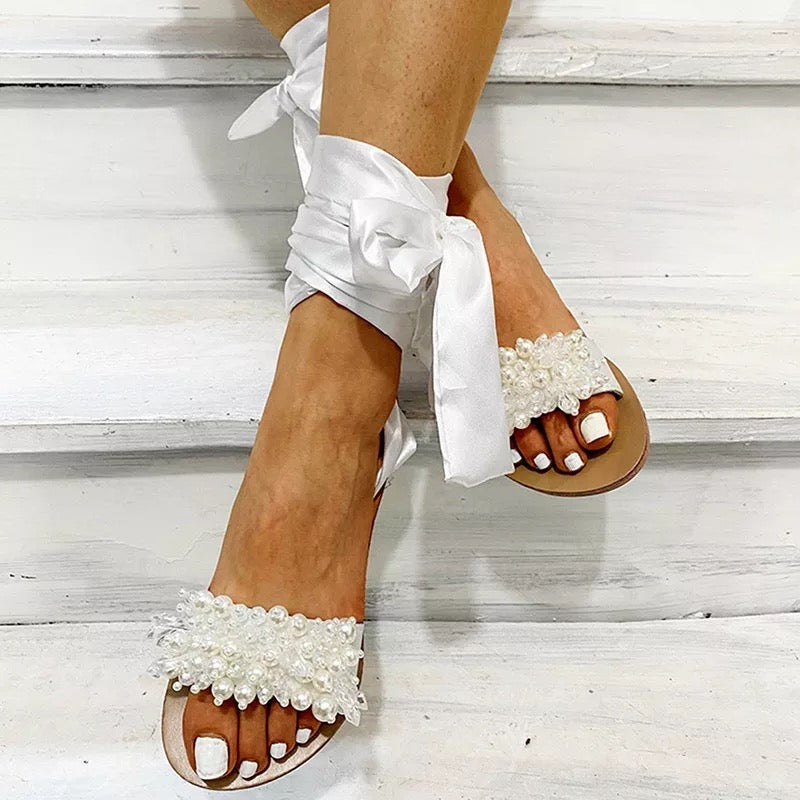 Lace Up Beads Flower Sandal