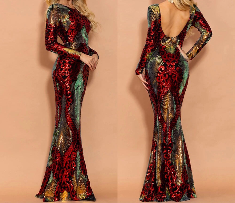Multi Sequinned O Neck Elegant Gown