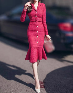 Tweed Belted Trumpet Dress