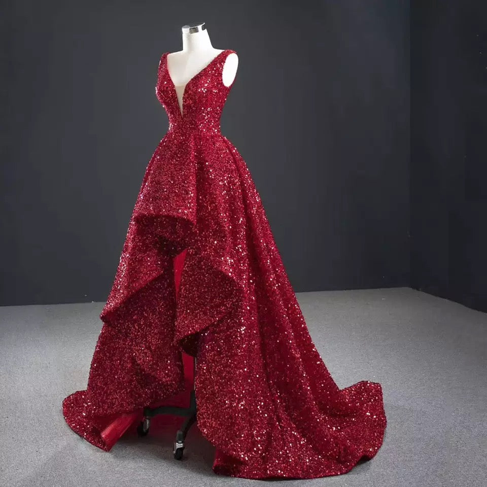 Red Sequins High Low Gown