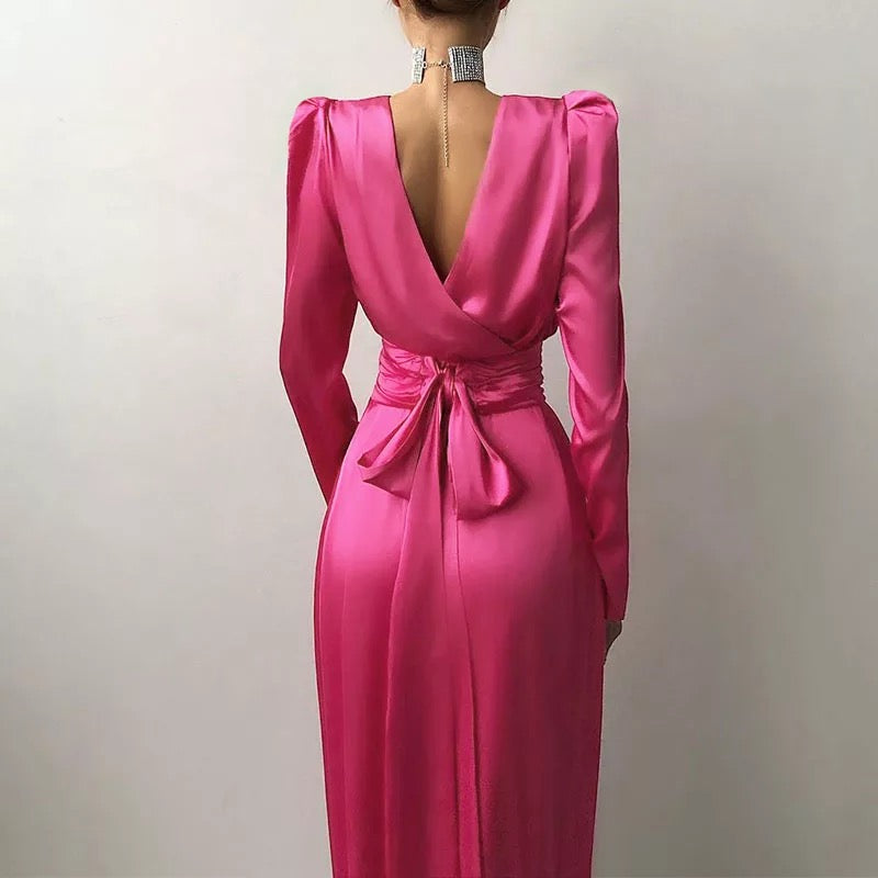 Elegant Satin Open Back Long Sleeve Slit Hem Belted Dress