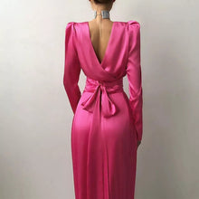 Carregar imagem no visualizador da galeria, Elegant Satin Open Back Long Sleeve Slit Hem Belted Dress