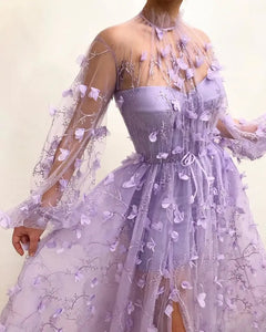 Lace Flower Lilac Tie-Up Gown