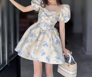 Bow Jacquard Puff Sleeve Mini Dress