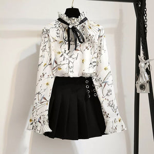 Ruffles Floral Shirt and Pleated Skirt Sets