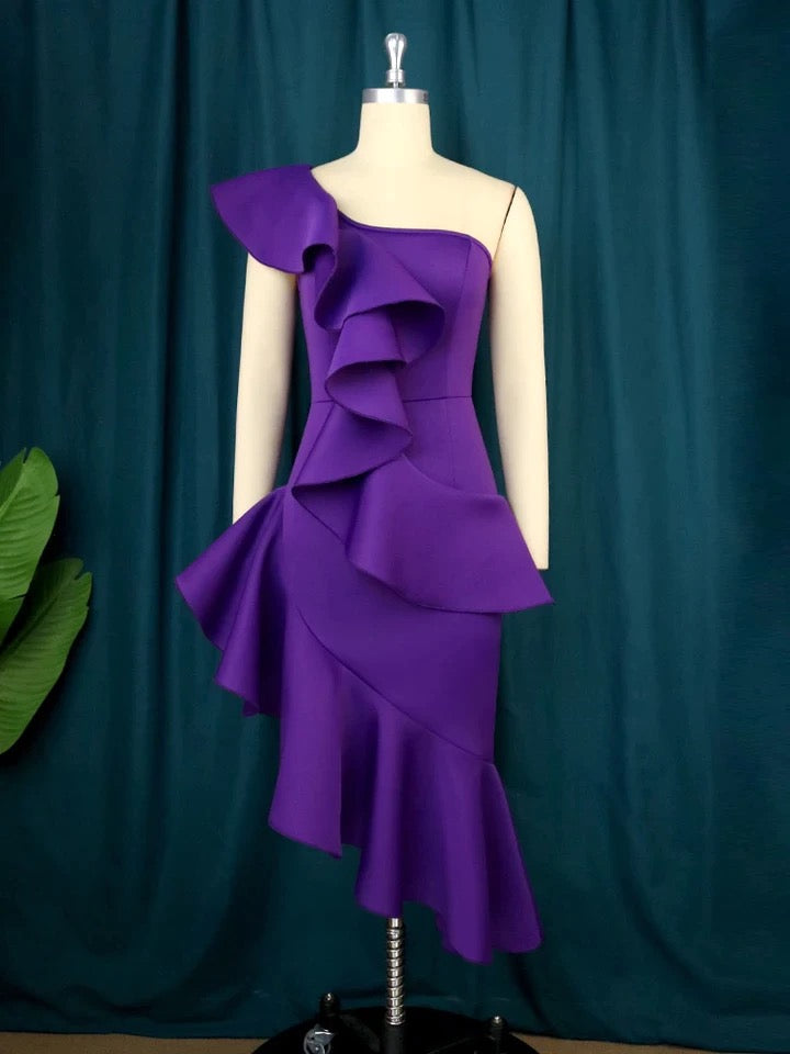 Purple One Shoulder Ruffles Dress