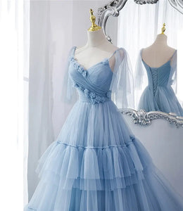Tulle Tiered Flowers Train Prom Gown