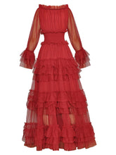 Load image into Gallery viewer, Mesh O-Neck Flare Ruffles Maxi Dress
