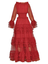 Carregar imagem no visualizador da galeria, Mesh O-Neck Flare Ruffles Maxi Dress