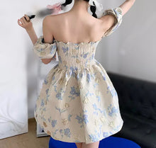 Load image into Gallery viewer, Bow Jacquard Puff Sleeve Mini Dress