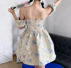 Bow Jacquard Puff Sleeve Mini Dress