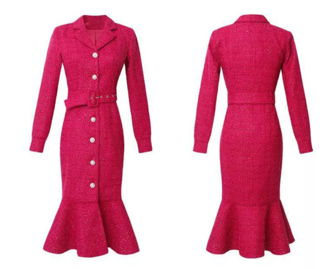 Tweed Belted Trumpet Dress