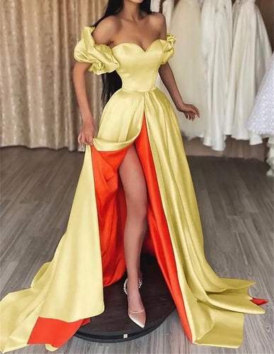 Contrast High Split Satin Prom Gown