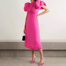 Load image into Gallery viewer, Pink Puff Sleeve Hollow Out Midi Dress