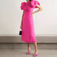 Carica l&#39;immagine nel visualizzatore di Gallery, Pink Puff Sleeve Hollow Out Midi Dress