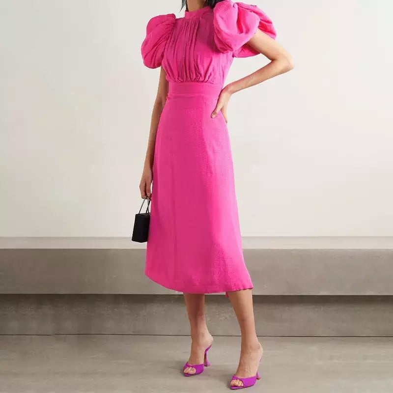 Pink Puff Sleeve Hollow Out Midi Dress – yourpersonalstylistuk