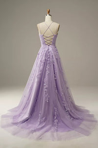 Lilac Lace Spaghetti Straps Prom Dress