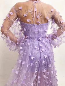 Lace Flower Lilac Tie-Up Gown