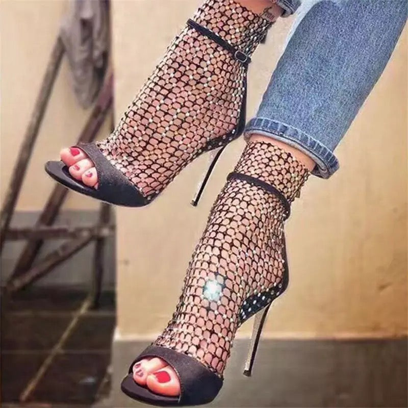 Glitter Gladiator Mesh Peep toe Pumps
