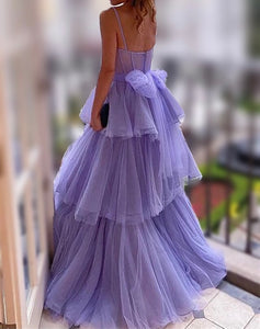 Spaghetti Lilac Tulle Layered Prom Dress