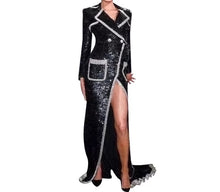Load image into Gallery viewer, Black Sequin Slit Coat Dress