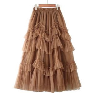 Mesh Ruffle Tulle Midi Skirt
