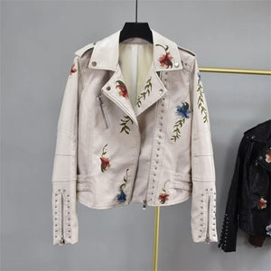 Floral Embroidery Faux Leather Jacket