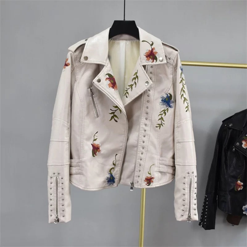 Floral Embroidery Faux Leather Jacket