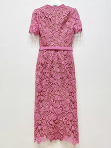 Pink Square Collar Lace Mid-length Dress