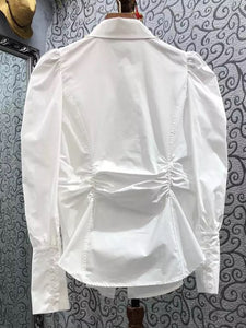 White Patchwork Lapel Pearl Blouse