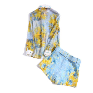 Lapel Ruffle Shirt Print Shorts Set